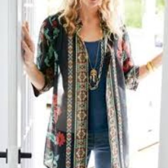 Soft Surroundings Black Tribal-Print Semi Sheer Button Up Top s/p - Picture 1 of 9